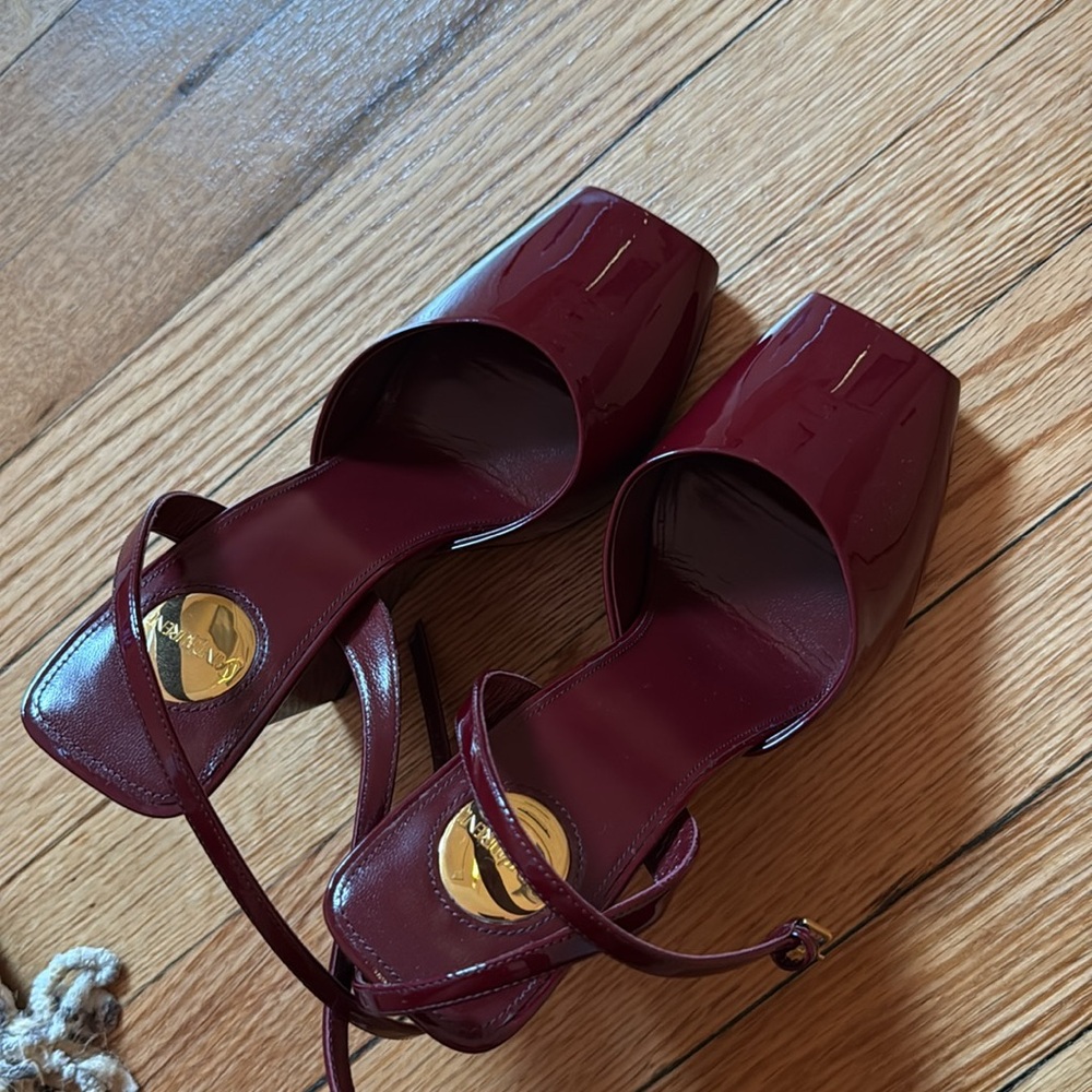 YSL La Scandale Patent Burgundy Wedge Sandals